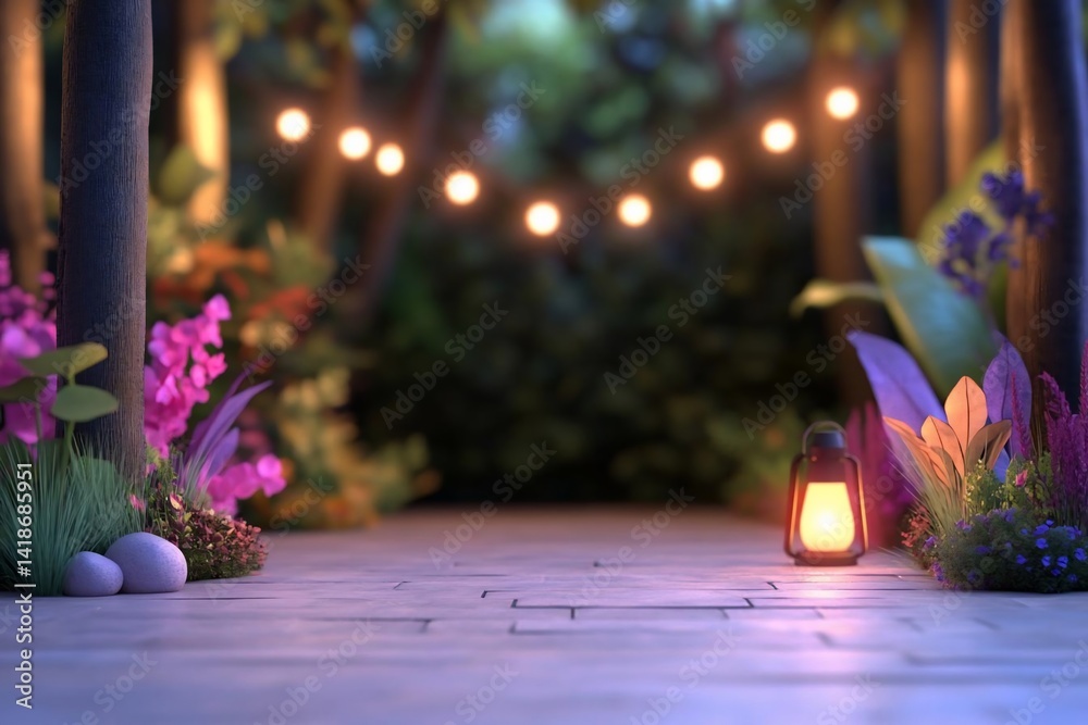 Aufkleber Enchanted forest pathway with glowing string lights lanterns and vibrant flowers leading to a mystical atmosphere blurred background with selective focus