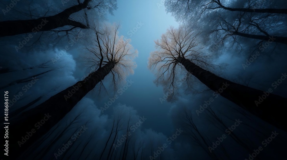 Poster low angle view of frosted trees against a twilight blue sky creates a serene and ethereal atmosphere