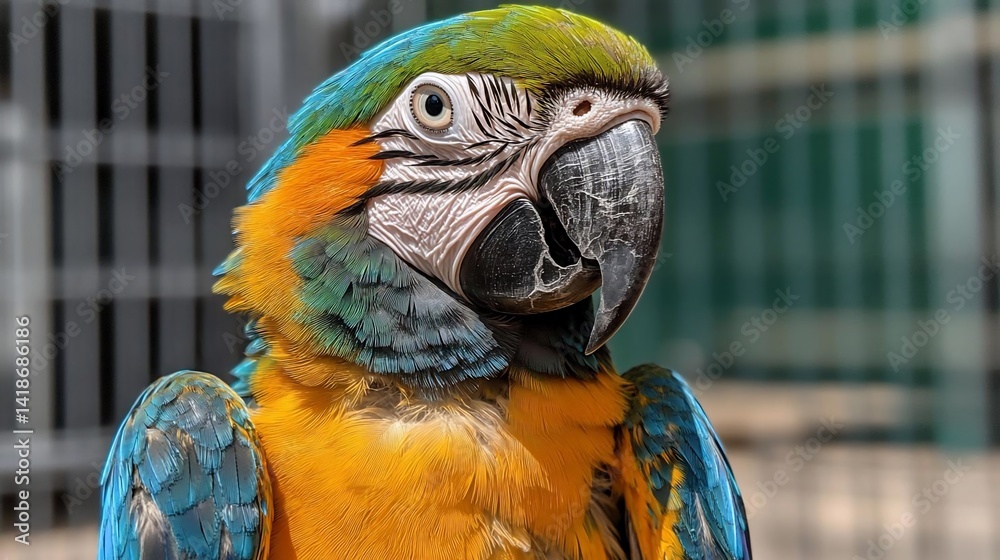 Poster close-up portrait of a macaw parrot showcasing vibrant blue yellow and green plumage with detailed f