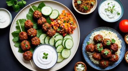 A delicious spread of grilled meatballs served on skewers over rice with various dips and fresh cucumber slices on a dark background