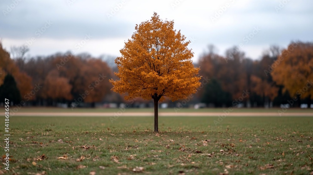 Leinwandbilder lone tree with vibrant orange foliage stands in a grassy field against a blurred backdrop of autumna