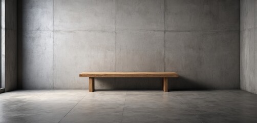 An old wooden bench for product display sits in the empty room with a grunge wall and floor, a vintage style interior with nobody around
