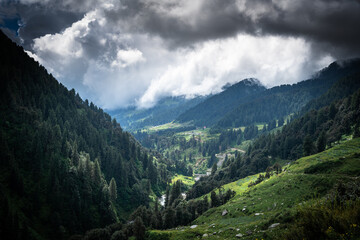 Fototapeta premium Beautiful landscape of Barot valley. It is situated in valley formed by the Uhl River, part of the Dhauladhar range of the Himalayas. It is near to Bir Biling which is famous for Paragliding in India 