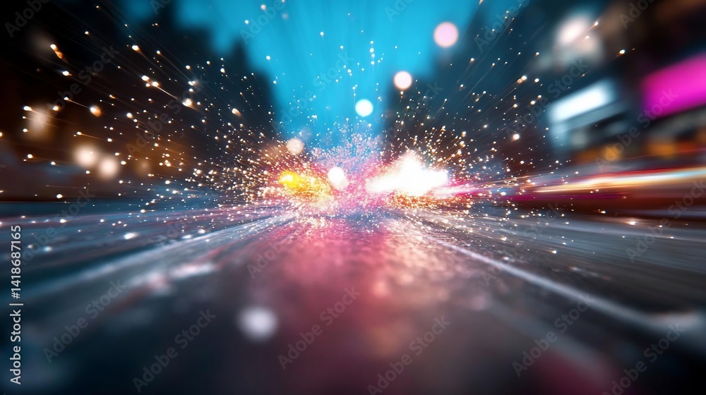 Poster Abstract city scene with streaks of light and particles blurring in a dynamic motion. Focus is on the city lights and motion effect of the street