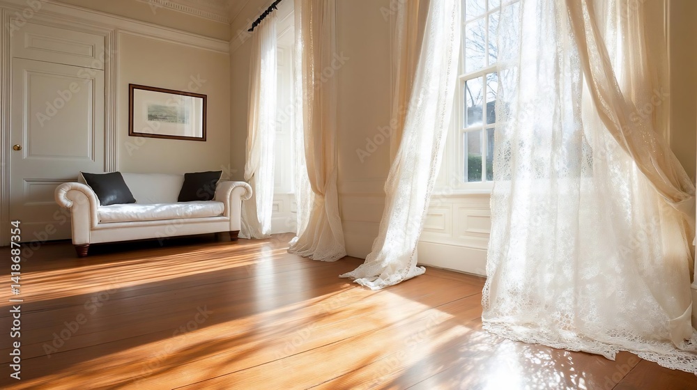 Aufkleber elegant interior with sunlight streaming through sheer curtains illuminating a white sofa and wooden