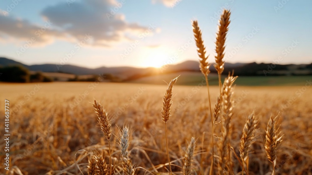 Leinwandbilder Golden wheat field illuminated by the setting sun with a blurred background of rolling hills and a vibrant sky. The image showcases the textures of the wheat and the warm colors of the sunset