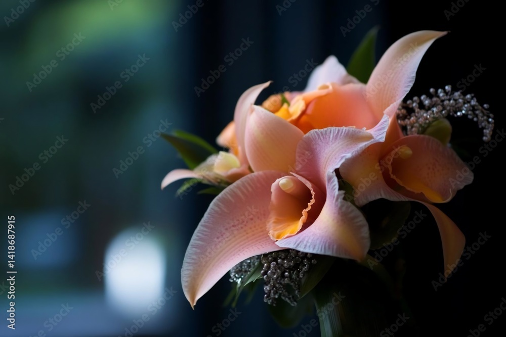 Poster close-up photograph of peach colored orchids with delicate petals and vibrant yellow centers against
