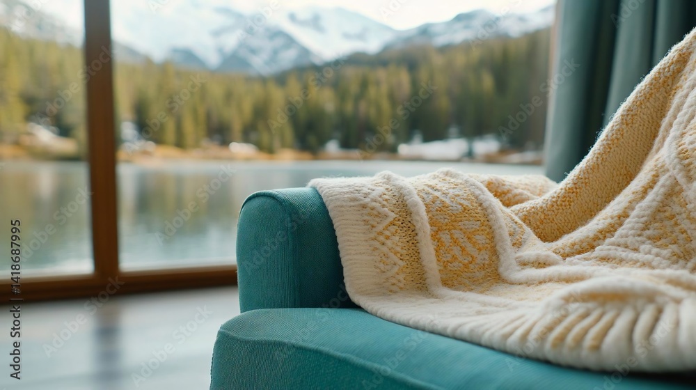 Aufkleber close up of generic armchair with cozy knitted blanket next to a large window overlooking a serene l