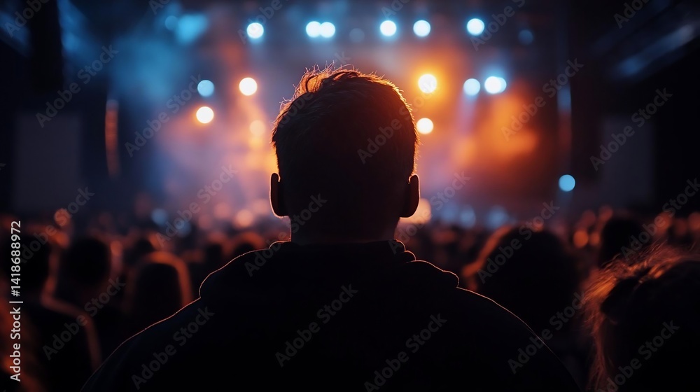 Aufkleber a person watches a performance stage with lights in a crowd of people. warm and cool tones create a 