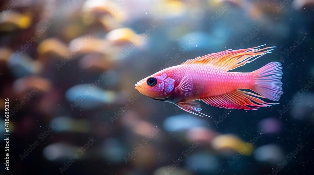Poster a vibrant pink fish with orange fins swims gracefully through a blurred underwater environment. the 