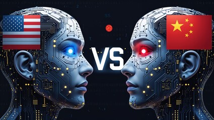  a digital illustration featuring two stylized human faces in profile, facing each other. The left face is adorned with the American flag, incorporating stars and stripes in red, white, and blue, with