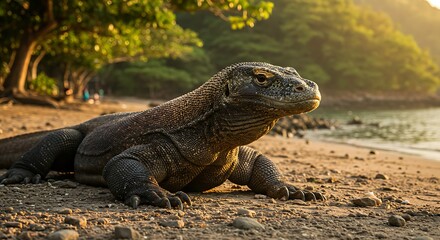 Komodo Dragon Walking on Beach at Sunset in Komodo National Park