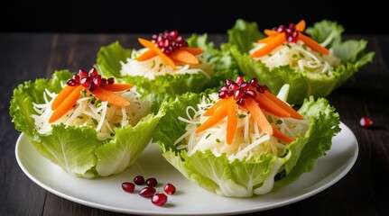Fresh lettuce cups filled with shredded cabbage, vibrant pomegranate seeds, and carrot slices presented on a wooden plate