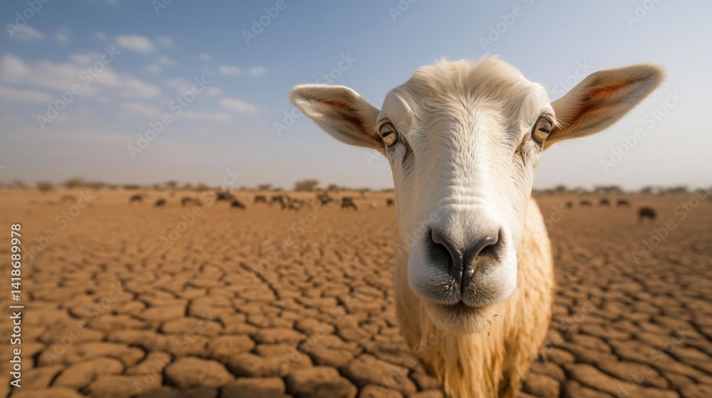 Poster close-up portrait of a sheep against a cracked earth background with a herd of sheep in the distance