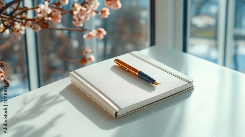 Poster close-up shot of a white notebook and a gold pen on a white table near a window with a floral displa