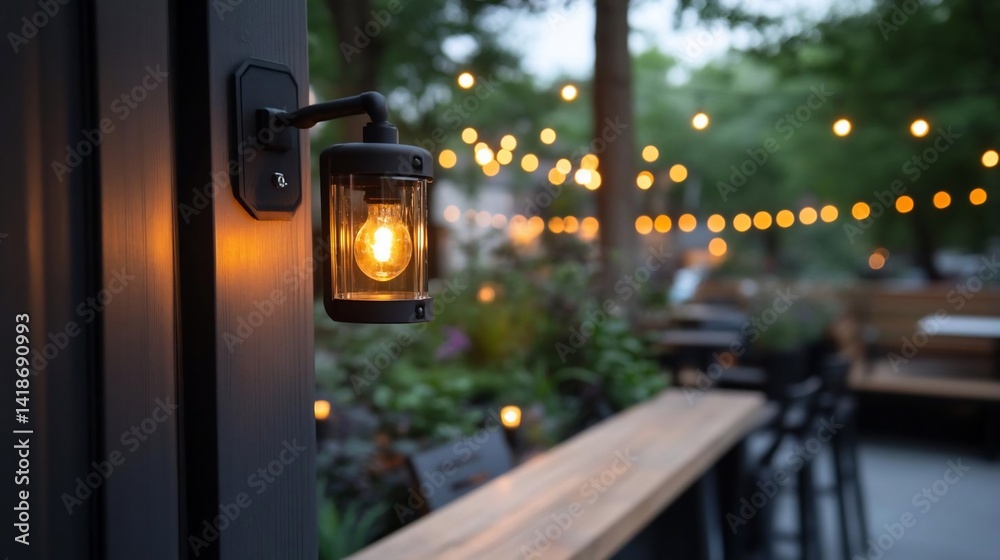 Poster outdoor evening scene featuring a glowing decorative lamp illuminating a wooden bench and blurred ba