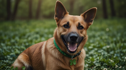 Fototapeta premium Joyful dog among clovers on St. Patrick's. Pet enjoying St. Patrick's Day outdoors. Happy dog with clover necklace in spring,generative.ai 