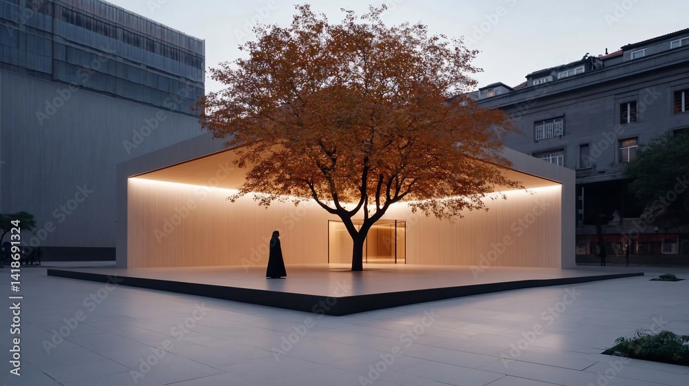 Aufkleber An illuminated architectural structure featuring a vibrant autumn tree. The composition is framed within a contemporary building setting showcasing warm lighting and a statue. Evening ambient light
