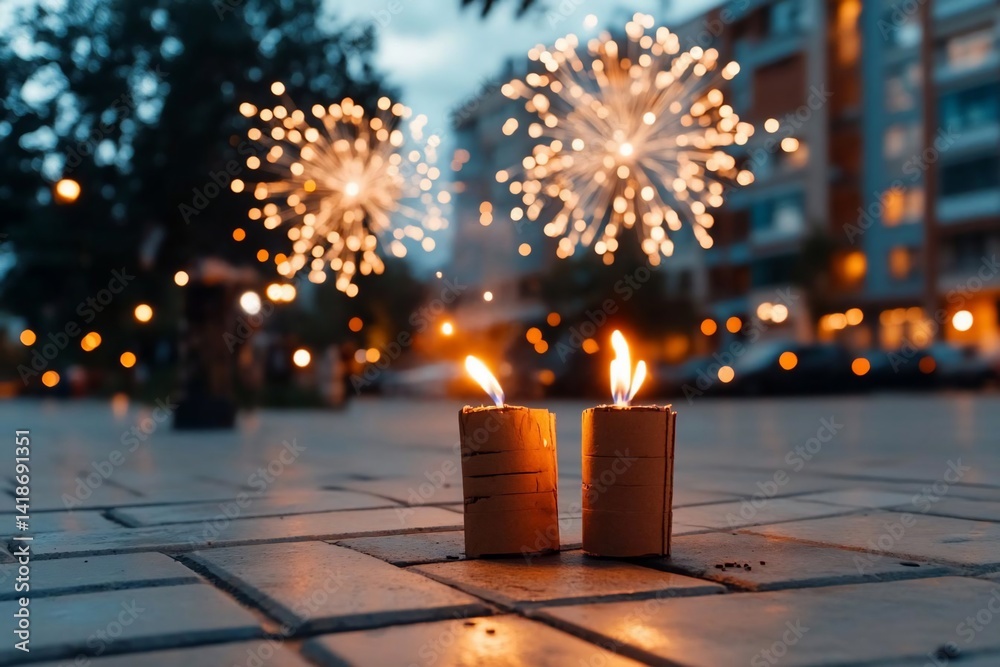 Poster Close-up of lit candles on a brick surface with fireworks exploding in the background creating a celebratory atmosphere at dusk