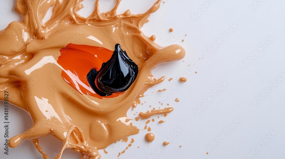 Poster a splash of beige liquid with orange and black accents against a white background creating abstract 
