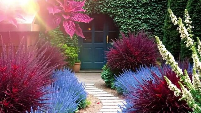 Golden Hour Garden Path with Vibrant Foliage and Dreamy Light Particles