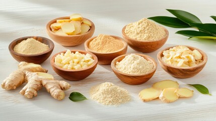 Fototapeta premium Various Forms of Ginger in Wooden Bowls on White Surface