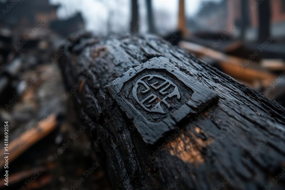 Aufkleber Close-up of a weathered wooden beam with an embossed symbol amidst charred debris revealing a scene of destruction and loss dark tones create a somber atmosphere of the environment