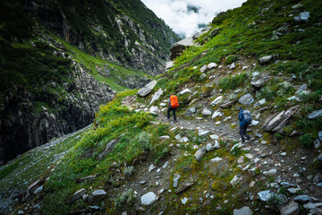 Group of trekkers with hiking backpacks on beautiful mountain landscape background. Climbers hike...