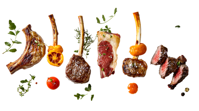 A beautifully arranged platter of gourmet meats and vegetables, showcasing grilling techniques with vibrant colors