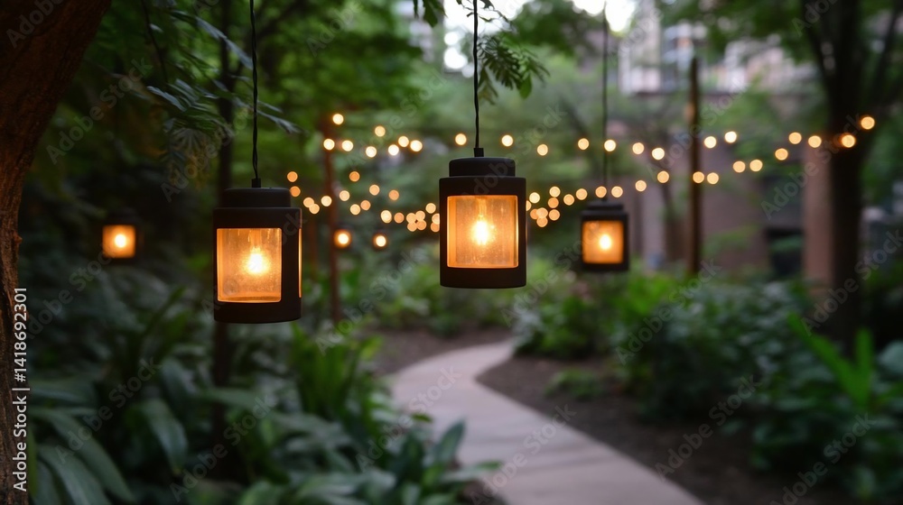 Poster Outdoor scene with pathway illuminated by hanging lanterns creating a warm atmosphere. Lush green foliage surrounds the path, with string lights adding depth and charm