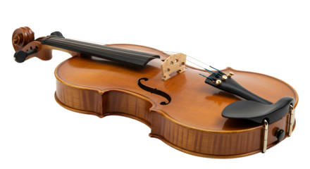 A beautifully crafted violin resting on a surface, showcasing its elegant curves and rich wood grain, perfect for music lovers