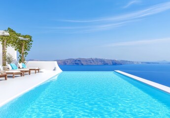 Fototapeta premium Luxury Aegean Villa Infinity Pool Sunny Day, Blue Waters, White Architecture