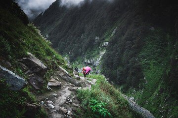 Fototapeta premium Group of trekkers with hiking backpacks on beautiful mountain landscape background. Climbers hike to mountains. Group of hikers walking in mountains 