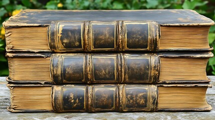 Stack of antique books with aged leather bindings