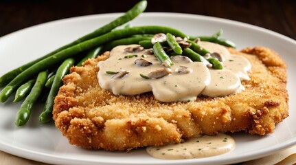 Crispy breaded schnitzel with creamy mushroom sauce and fresh green beans plated elegantly on a white dish