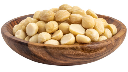 A close-up view of a wooden bowl filled with macadamia nuts, showcasing their smooth texture against a white background