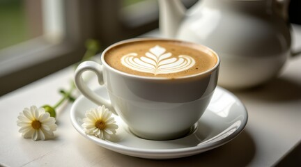 Fototapeta premium A beautifully crafted latte with intricate art, served in an elegant white cup beside a delicate flower on a wooden table