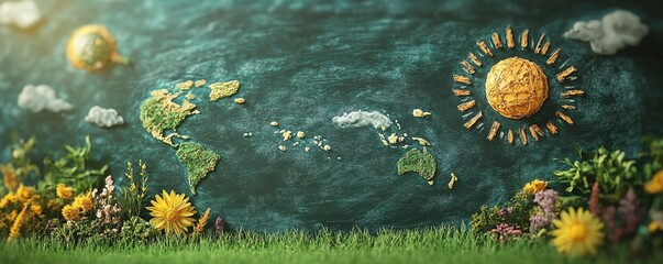 A detailed climate change timeline illustrated on a chalkboard, highlighting significant events and milestones in environmental history.