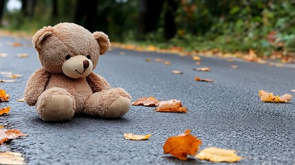 Lonely teddy bear sits on autumn road