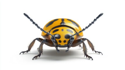 Closeup of a yellow beetle with black spotted legs in natural habitat