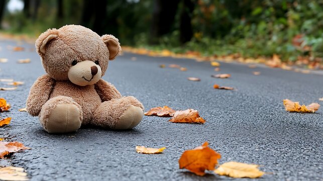 Naklejki Lonely teddy bear sits on autumn road