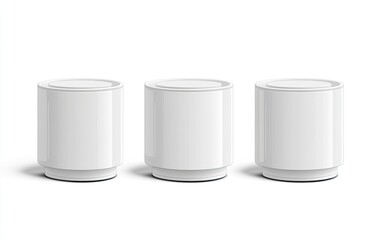 Three blank white cylindrical containers on white background.