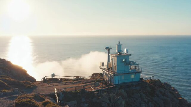 Ocean outpost building with aerials on rugged cliffside overlooks shimmering turquoise water under a sunny sky, wispy cloud layer drifting behind.