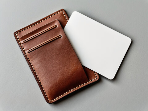 A brown leather card holder with white stitching, containing a blank white card, placed on a grey surface. Simple, elegant, and functional.