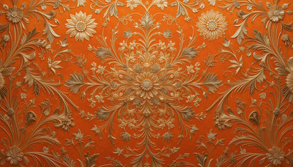 Ornate floral pattern in gold on an orange background with symmetrical design and intricate details
