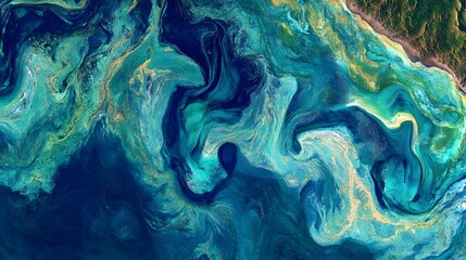 Fototapeta premium Dynamic Aerial View of Swirling Teal and Navy Blue Ocean with Golden Sands Texture
