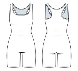 One-Piece Active Bodysuit Technical Fashion Illustration. Sleeveless Fitted Unitard with Scoop Neckline Vector Template. Front and Back View. Activewear. Women’s Athleisurewear. CAD Mockup.