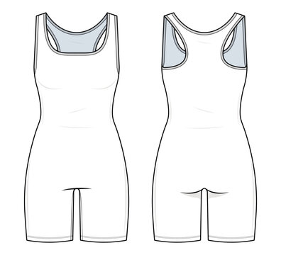 One-Piece Active Bodysuit Technical Fashion Illustration. Sleeveless Fitted Unitard with Scoop Neckline Vector Template. Front and Back View. Activewear. Women&rsquo;s Athleisurewear. CAD Mockup.