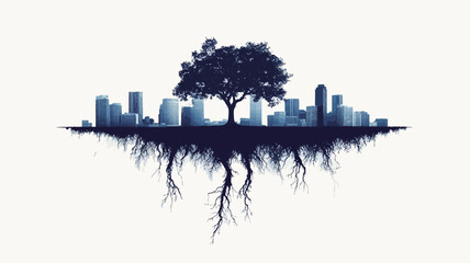 The image presents a stylized, minimalist graphic design.  A central, dark-blue silhouette of a tree is depicted, its roots extending downwards to visually encompass a similarly silhouetted