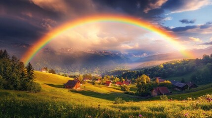 Fototapeta premium Rainbow over Alpine Village: A Serene Landscape